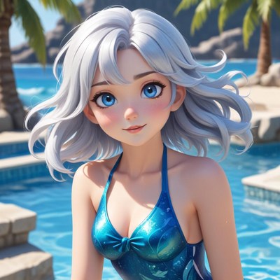 Girl in blue swimsuit at poolside