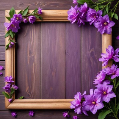 Violet flowers framing rustic wood