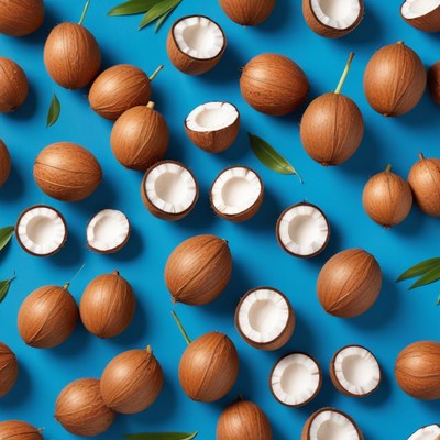 Fresh coconuts on blue background