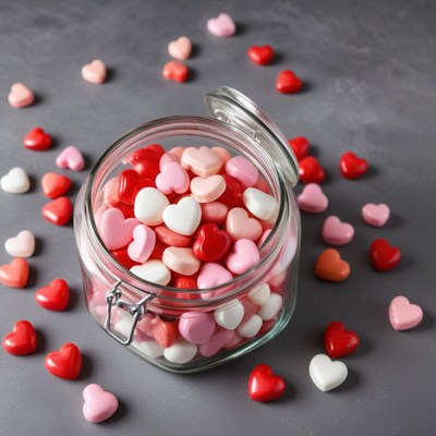 Colorful heart-shaped candies in a jar
