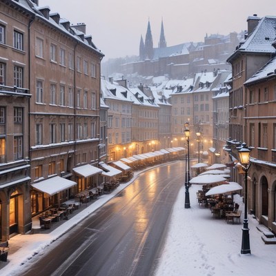 Snowy streets at dusk near castle