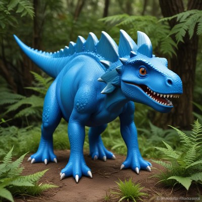 Bright blue dinosaur in a forest