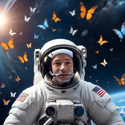 Astronaut surrounded by butterflies in space
