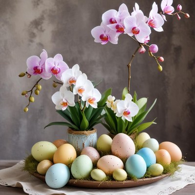 Colorful easter egg display with orchids