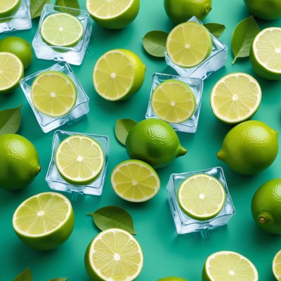 Fresh limes and ice cubes display