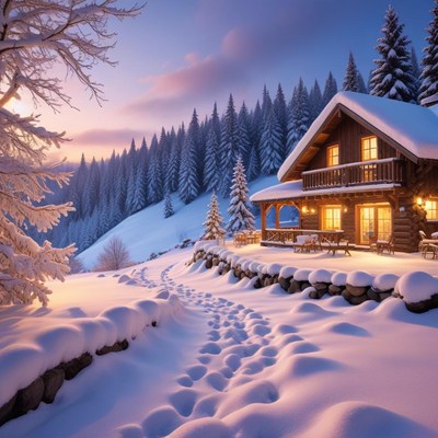 Winter sunset near a cozy cabin