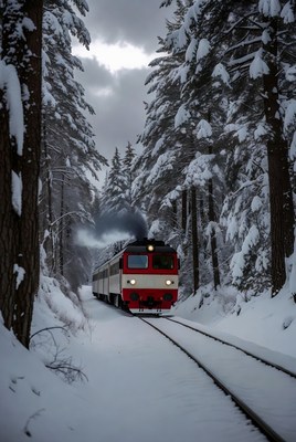 Train travels through snowy forest