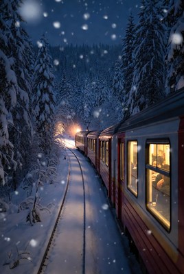 Snowy train journey through winter forest