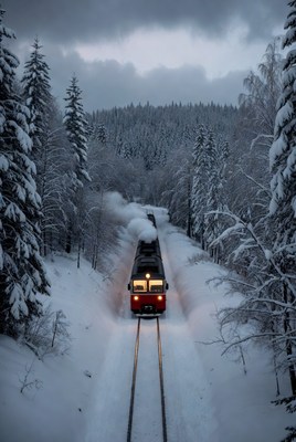 Train travels through snowy forest