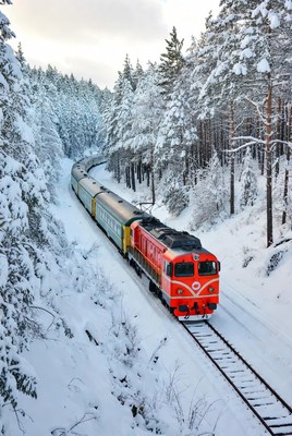 Winter train through snowy forest