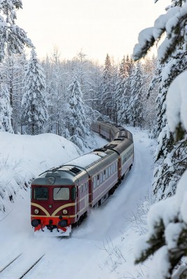Train journey through snowy forest