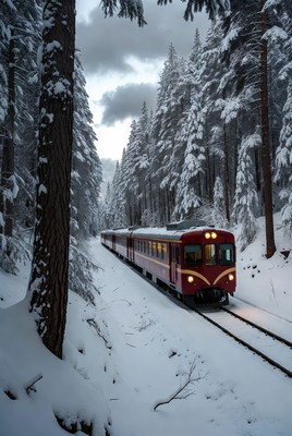 Scenic winter train journey through forest