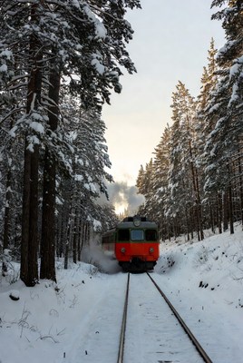 Train traveling through snowy forest