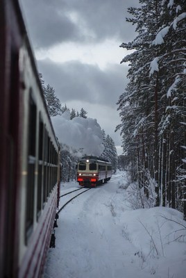 Snowy train journey through the forest