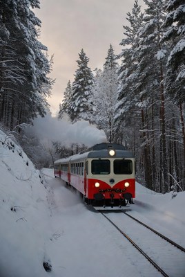 Train traveling through snowy forest