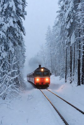 Train journey through snowy forest landscape