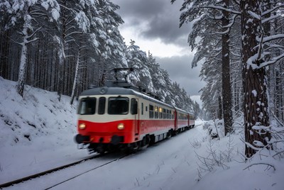 Train journeys through snowy forests in winter