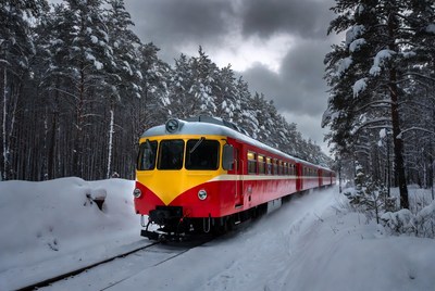 Train travels through snowy forest
