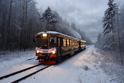Holiday train in winter landscape