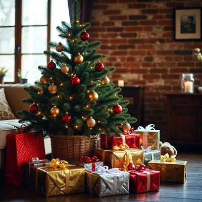 Festive christmas tree with gifts