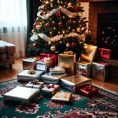 Festive gifts by the tree