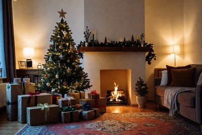 Cozy christmas living room scene with gifts