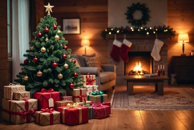 Christmas tree in cozy living room