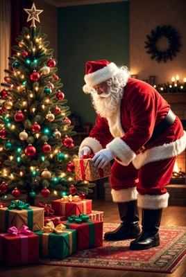 Santa placing gifts under tree