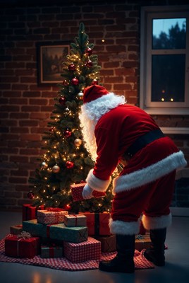 Santa delivering gifts near christmas tree