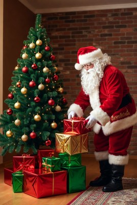 Santa preparing gifts under christmas tree