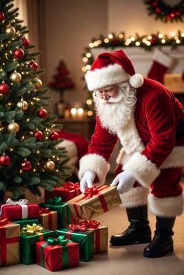 Santa organizing gifts by the tree