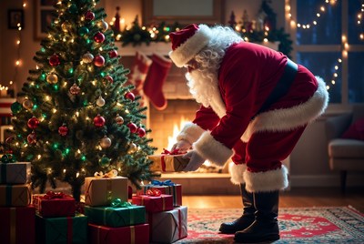 Santa placing gifts under tree