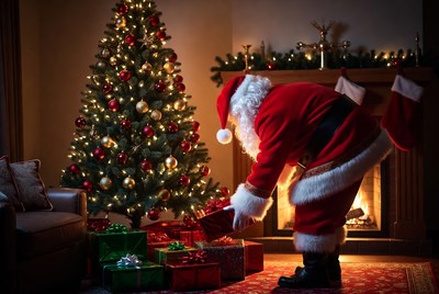 Santa preparing gifts near christmas tree