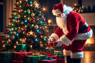 Santa claus placing gifts under tree