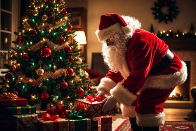 Santa placing gifts under the tree