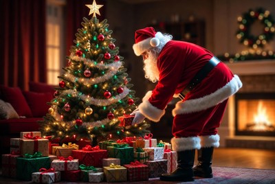 Santa decorating the christmas tree