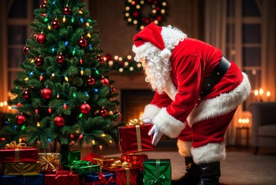 Santa claus arranging gifts by the tree
