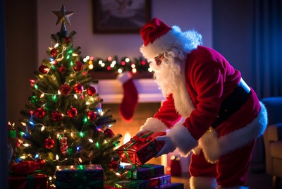 Santa decorating christmas tree