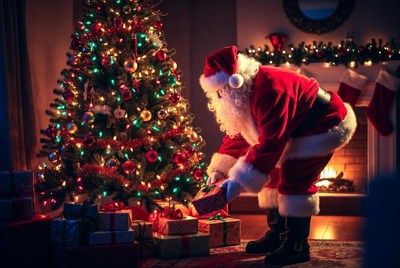 Santa placing gifts by tree