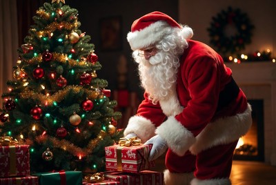 Santa claus preparing gifts under tree