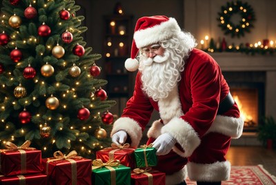 Santa placing gifts by tree