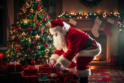 Santa preparing gifts by the tree