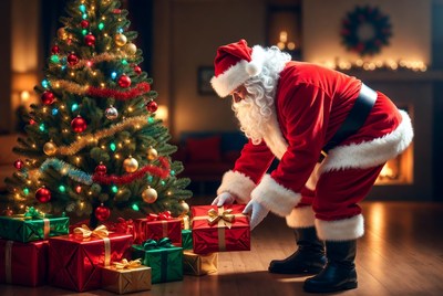Santa arranging gifts by tree