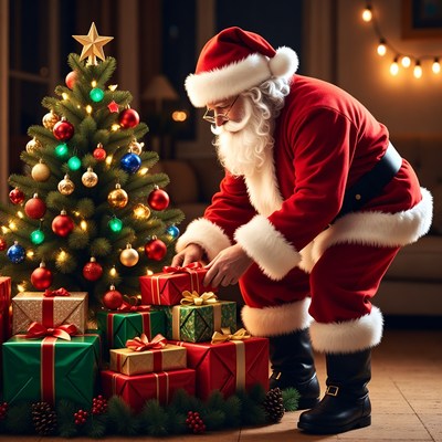 Santa arranging gifts by christmas tree