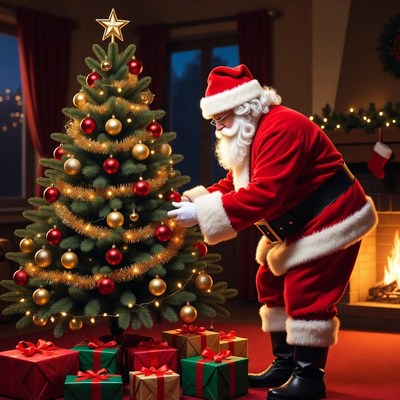 Santa decorating a christmas tree indoors