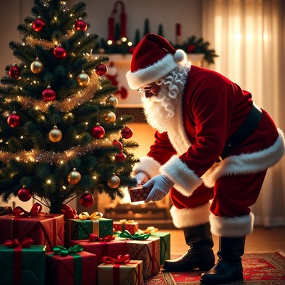 Santa preparing gifts by the tree