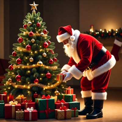 Santa decorating the christmas tree