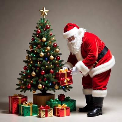 Santa decorating a christmas tree