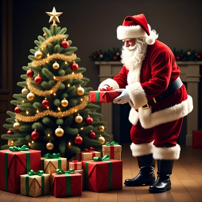 Santa preparing gifts by the tree