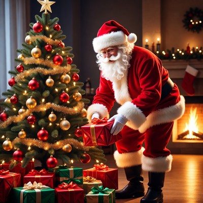 Santa placing gifts under the tree